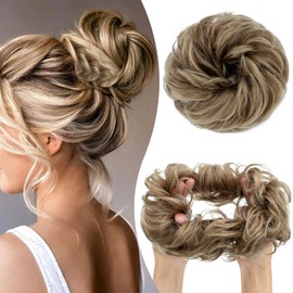 Hairro Messy Hair Bun, Large Mesy Bun Hair Piece Wavy Curly Scrunchies Thick 55g Ombre Brown Updo Chignon Synthetic Hair Extensions Hairpieces for Women Girls, 12T24 Golden Brown Mixed Ash Blonde