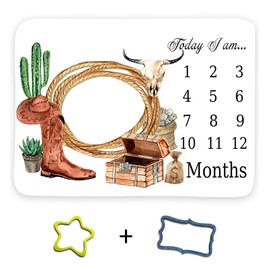 TERSUM Western Cowboy Baby Monthly Milestone Blanket, 48x40in Rope Boots Hat Blanket Soft Flannel Newborn Baby Shower, New Mom Gift Baby Growth Chart Photography Blanket Contain 2 Props BTMYTE86
