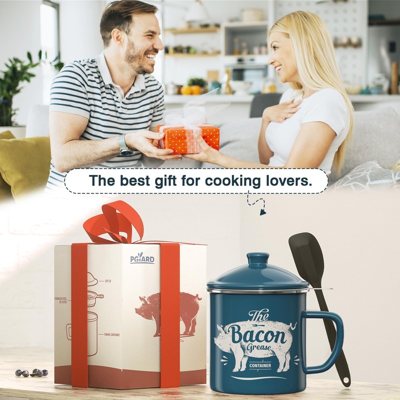 Bacon Grease Container With Strainer, 46OZ Large Enamel Grease Container,