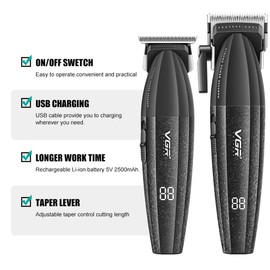 VGR 640 Professional Hair Clippers for Men, 9000RPM Cordless Barber Clippers and Trimmers Set, Zero Gap T-Blade Hair Cutting Kit, DLC Coated Ceramic Blade Barber Kit with LED Display(Black)
