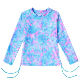 Funnycokid Girls Rash Guard Bathing Suit Swimsuits Swimming 2 Pieces Skirt Blue Tie dye Shorts Long Sleeve Swimwear 5-6 Years