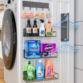 JulktLli 5 Pack Magnetic Shelves for Washing Machine & Refrigerator - Heavy Duty Laundry Room Organization System with Tool Hooks, Versatile Metal Storage Baskets for Kitchen, Closet (Grey)