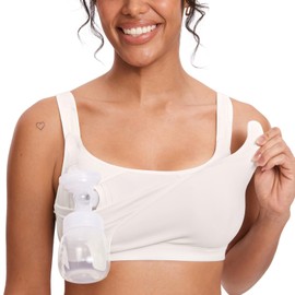 MOMANDA Women's Pumping Bra Hands Free All-in-One Nursing Sports Bras Wireless Maternity Bras for Breastfeeding Iceland White Medium