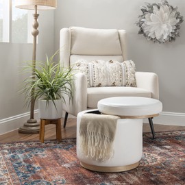 Linon Lexington White Faux Leather Round Storage Ottoman with Wood Accent