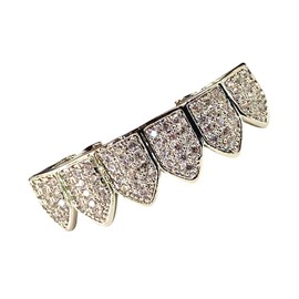 18K White Gold Plated CZ Cluster Custom Slugs Top Bottom Fangs Vampire Grillz Mouth Teeth Grills Set - Grillz, Teeth Cap, Iced Out Grillz (Vampire Bottom)