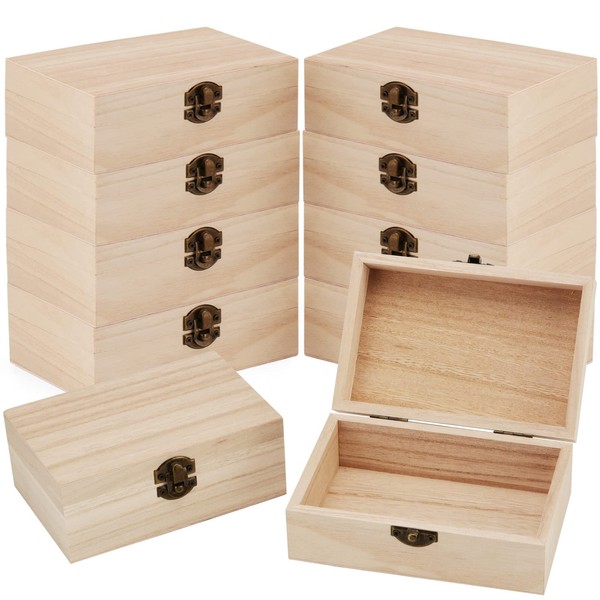 MOUYAT 10 Pack Unfinished Wooden Box with Hinged Lid and