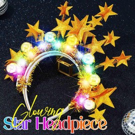 CAKURE Light Up Star Headband Led Ball Headbands Glitter Hair Band Hair Accessories for Adult (a-gold, free size)
