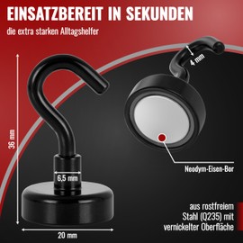 POPPSTAR Pack of 10 magnetic hooks, black, small (holding force 12 kg, length 4 cm, diameter 2 cm), neodymium mini magnetic hooks