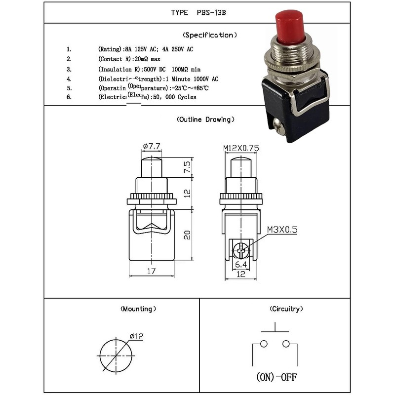 Button 4A, 250V, 8A 125V (6V 9V 12V 24V DC)