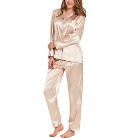 SWOMOG Long Sleeve Pajamas Set Silk Satin Sleepwear Button Down Pjs Loungewear with Pocket Champagne Medium