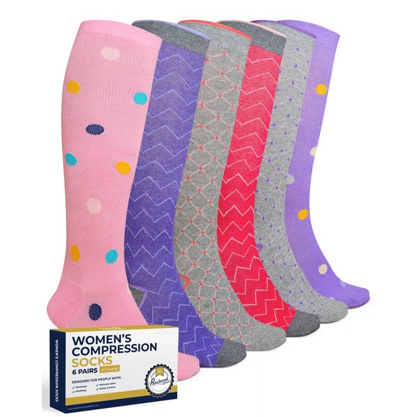 Pembrook Calcetines de compresión para mujer, paquete de 6, 8-15 mmHg, calcetines de compresión graduados para mujer, multicolor 3, M