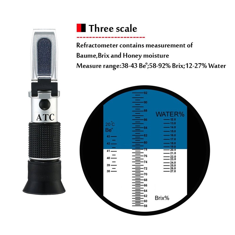 Honey Refractometer,V-Resourcing Hand Held Be'(Baume)/Brix/Water Refractometer for Honey Test,Tri-Scale (Baume:38-43°;Brix:58-92%;Water:12-27%)