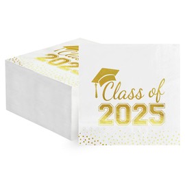 Horaldaily 100 Class of 2025 Graduation Disposable Cocktail Paper Decorative Luncheon Napkins, White and Gold Foil Dots College High School Grad Celebration Hand Towel Party Lunch Kitchen Bathroom