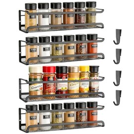 Spice Rack Wall No Drilling Made of Metal, 4 Pack Spice Organiser with Movable 4 Hooks, Spice Rack Hanging with Glue and Screws for Kitchen Wall & Cabinet Door