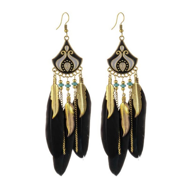 Boho Feather Earrings for Women Bohemian Black White Red Fringe