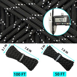 VVAAGG Reflective Paracord Rope 100FT with Velcro Strap, 7 Strand Nylon para Cord Lanyard Utility 550 Parachute Cord, 4mm Thin Tent Rope for Outdoor Camping Hiking