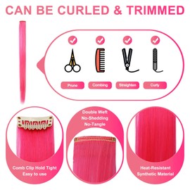 FAIRY COLOR 12 PCS Clip in Hair Extensions, 20 Inch Colored Hair Extensions Party Highlights Long Straight Synthetic Hairpieces for Women (Hot Pink)