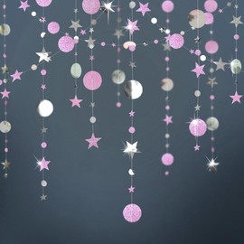 52 ft Hanging Paper Garland Glitter Pink Silver, Round and Star Paper Decoration for Party (4 m x 4)