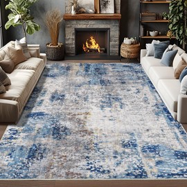 Merelax Entryway Rug Washable Rugs 3x5 Small Rug for Living Room Bedroom, Blue Modern Abstract Rug Soft Low Pile Non Slip Area Rug for Kids Room Office Kitchen, Boho Vintage Carpet Indoor