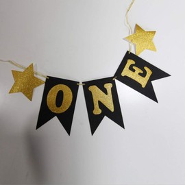 Hongkai Black Glitter ONE Highchair Banner for 1st Birthday Decorations, Party Supplies