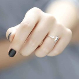 QIANDI Cute Cat Tail Animal Open Ring for Women Girls Minimalist Jewelry 925 Sterling Silver