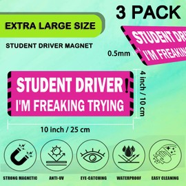 Miss Kiss Student Driver Car Magnet, 3 Pack Extra Large Student Driver Signs for Car, Reflective Student Driver Vehicle Bumper Magnet for Car, Safety Warning Sign (Pink-White)