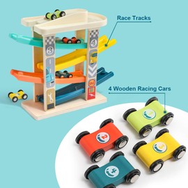 TOP BRIGHT Car Ramp Toys for 2 Year Olds - Wooden Car Toy Garage with 4 Racing Cars, Toddler Toy Kids Present for 1 Year Old