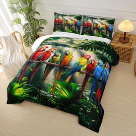 lneffble Parrot Comforter Set, Animal Parrot Bedding Set Queen Size for Boys Girls,Tropical Plant Palm Leaf Print Bird Theme Bedding Set, Watercolor Animal Feathers Pet Bird Bedding Set
