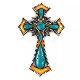 Turquoise Fleur De lis Decorative Wall Cross Rhinestones Studs Rustic Western