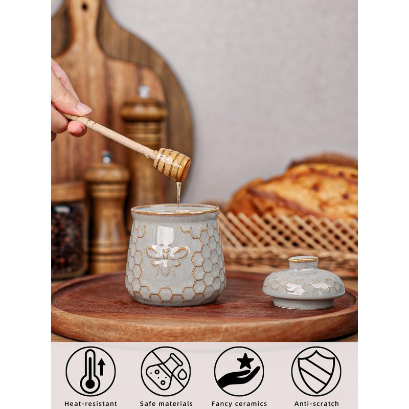 QUXIJA Ceramic Honey Jar with Dipper and Lid 10oz, Honey