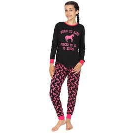 ThePyjamaFactory Girl's Born To Ride Forced To Go To School Cotton Pyjamas 7 to 16 Years (14-15 Years) Black
