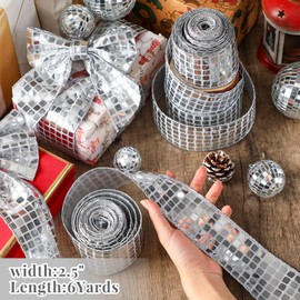 Knitgrip 12 Yards Disco Silver Ribbon 2.5 Inch Christmas Glitter Wired Ribbon Silver Sparkle Ribbon Sequins Ribbon Silver Ribbon for Gift Wrapping for DIY Gift Wrapping Christmas Tree Wreath Decor