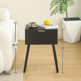 Black Nightstand, Small End Tables Living Room, Accent Bedside Table with Fluted Drawer for Bedroom and Small Space, Black