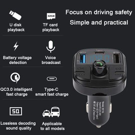 Transmisor FM, actualización de calidad de sonido sin pérdidas, chip Smart Bluetooth 5.0, buena calidad de sonido, QC3.0 Type-C Dual USB BT29 Car Bluetooth 5.0 Reproductor de radio MP3 para FLAC/WMA/A