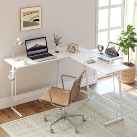 CubiCubi L Shaped Gaming Desk, 47 Inch Computer Desk with Monitor Stand, PC Gaming Desk, Corner Desk Table for Home Office Sturdy Writing Workstation, White