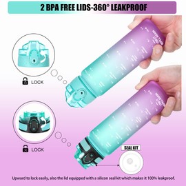 OLDLEY Kids Water Bottle for School, 17 oz (2 lids) BPA-Free Reusable Leak-proof Durable Tritan Plastic Water Bottles with Straw & Chug Lids, Anti-dust Spout Cover (Green-Purple)