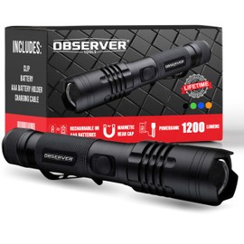 Observer Tools LED Rechargeable Flashlight, 1200 Lumens Tactical Flashlight, high Power Survival Flashlight with Back-up Power, Magnet, Zoom, Waterproof Flashlight, Black, OBS-FL1-V2