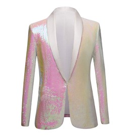 PYJTRL Men Stylish Two Color Conversion Shiny Sequins Blazer Suit Jacket (Pink, S)
