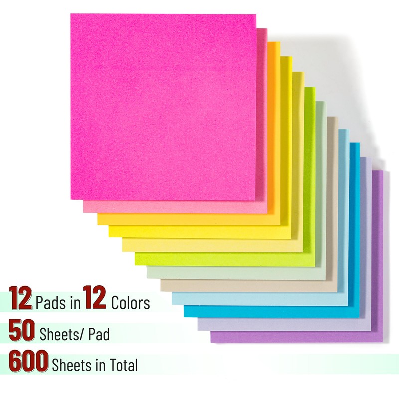 Mr. Pen- Sticky Notes, 3”x3”, 12 Pads, 600 Sheets, Pastel