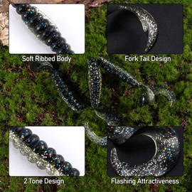 Dr.Fish 15 Pack Grub Soft Fishing Lures, 2 inch Soft Plastic Baits Fishing Worm Swimbaits Ribbon Tail Shad Bait for Freshwater Bass Fishing Lures Crappie Walleye Panfish White and Silver