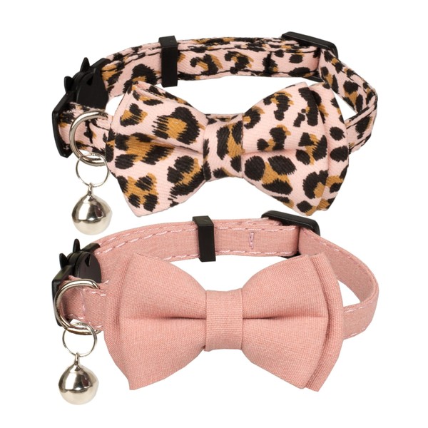 Gyapet Collar for Cats Pets Breakaway with Bell Bowtie Floral Bow Detachable Adjustable Safety Puppy 2pcs Pink Leopard & Pure