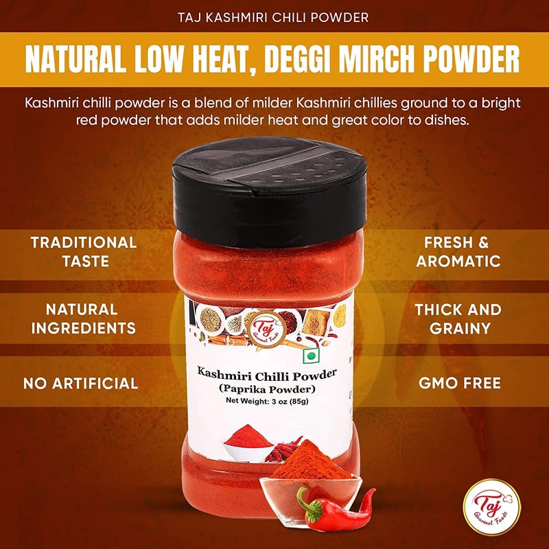 TAJ Premium Indian Kashmiri Chilly Powder, (Deggi Mirch, Lal Mirch),