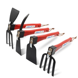 TOOLUTION 4-Pcs Gardening Tool Set – Pick Axe, Hoe, Hand Tiller & Garden Rake with 10.6" Wooden Handles, DIY Assembly Required, Garden Tools for Digging, Soil Loosening, Weeding & Cultivating