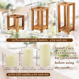 Huquary 24 Pcs Wooden Candle Lantern Set Include 12 Wedding Centerpieces for Tables Wooden Lantern Centerpiece 12 Flameless Decorative LED Candles for Rustic Wedding Farmhouse Country, 6in 9in 12in