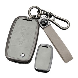 ontto 3-Button Key Fob Protector Fit for Hyundai Flip Key for Hyundai Accent Elantra Genesis Sonata,Metal and Leather Key Cover Fit for Kia Rio Optima Soul Sportage Forte Sorento Carens Cerato,Grey