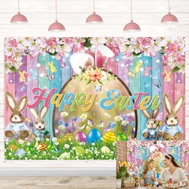 Happy Easter Backdrop Colorful Wood Easter Photography Background Spring Flower Bunny Eggs Backdrop for Easter Themed Party Decoration Banner (70x40 inch (6x4FT))