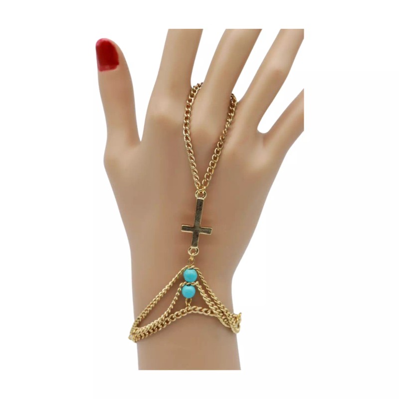 Unbranded Women Gold Metal Hand Chain Bracelet Cross Charm Turquoise