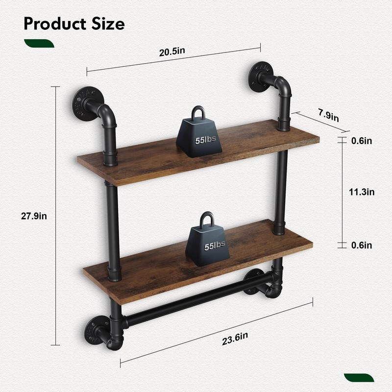 Merapi 24" Industrial Floating Shelves with Tower Bar, Pipe Shelves