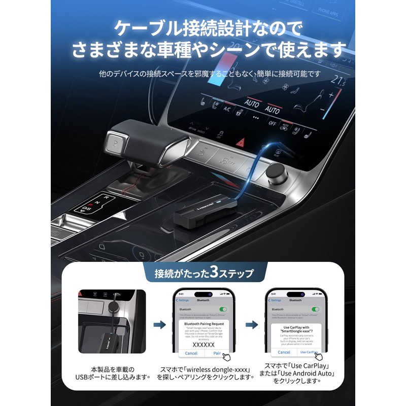 Lemorele Wireless CarPlay & Android Auto Adapter, Wireless, Bluetooth/Music/Navigation Cable,