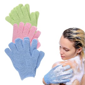 3 Pair Shower Gloves Exfoliating, Deep Clean Body Exfoliator Scrub, Dead Skin Remover Shower Body Scrub Gloves for Shower, Spa, Massage and Dead Skin Cell Remover Loofah - Green,Blue,Pink